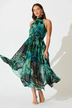 Online Kiss Me Halter Neck Maxi Dress in Green Multi Chiffon Dresses|Cocktail