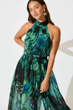 Online Kiss Me Halter Neck Maxi Dress in Green Multi Chiffon Dresses|Cocktail