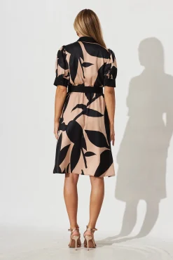 Discount Kristel Shirt Dress In Brown With Black Print Satin Dresses|Party