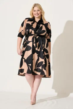 Discount Kristel Shirt Dress In Brown With Black Print Satin Dresses|Party