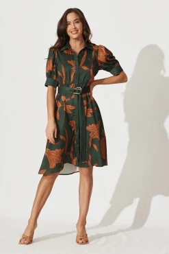Sale Kristel Shirt Dress In Khaki With Rust Leaf Print Satin Dresses|Party