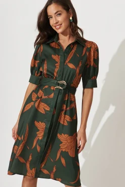 Sale Kristel Shirt Dress In Khaki With Rust Leaf Print Satin Dresses|Party