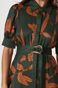 Sale Kristel Shirt Dress In Khaki With Rust Leaf Print Satin Dresses|Party