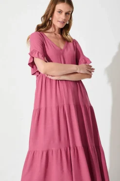 New Kristen Midi Smock Dress In Deep Rose Linen Blend Dresses|Casual