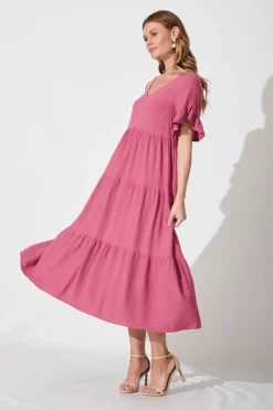 New Kristen Midi Smock Dress In Deep Rose Linen Blend Dresses|Casual