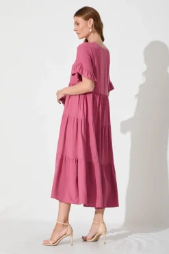 New Kristen Midi Smock Dress In Deep Rose Linen Blend Dresses|Casual