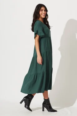 Sale Kristen Midi Smock Dress In Green Linen Blend Dresses|Casual