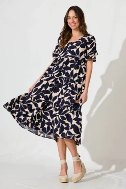 Outlet Kristen Midi Smock Dress In Beige With Navy Floral Dresses|Casual