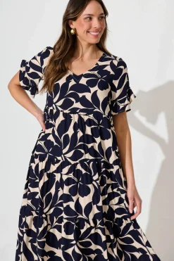 Outlet Kristen Midi Smock Dress In Beige With Navy Floral Dresses|Casual