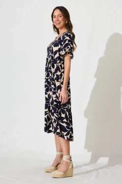 Outlet Kristen Midi Smock Dress In Beige With Navy Floral Dresses|Casual