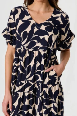 Outlet Kristen Midi Smock Dress In Beige With Navy Floral Dresses|Casual