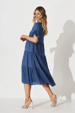 Sale Kristen Midi Smock Dress In Blue Linen Blend Dresses|Casual