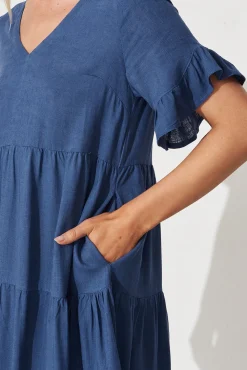 Sale Kristen Midi Smock Dress In Blue Linen Blend Dresses|Casual
