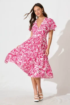 Hot Kristianne Midi Dress In White With Pink Floral Dresses|Casual