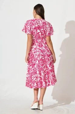 Hot Kristianne Midi Dress In White With Pink Floral Dresses|Casual