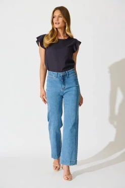 Hot Kylie Top in Navy Linen Blend Tops|Workwear
