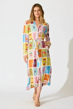 New La Dolce Vita Maxi Shirt Dress in Multi Conversational Print Dresses|Casual