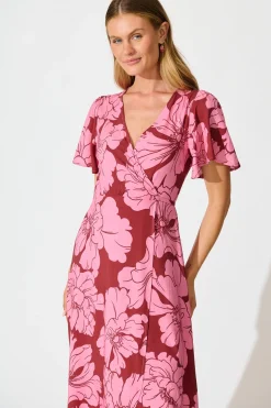 New Labyrinth Maxi Wrap Dress in Wine with Pink Floral Dresses|Casual