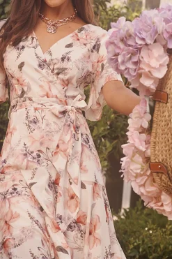 Discount Lacey Wrap Dress In Cream Floral Dresses|Hens Night