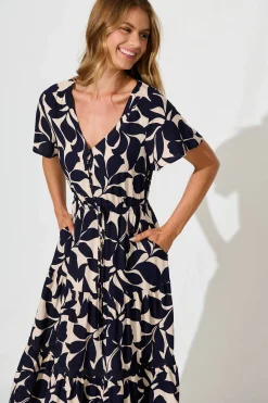 New Laconia Midi Dress In Navy Leaf With Ric Rac Trim Dresses|Casual