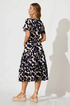 New Laconia Midi Dress In Navy Leaf With Ric Rac Trim Dresses|Casual
