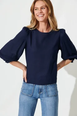 Best Lanie Top In Navy Cotton Linen Tops|Casual
