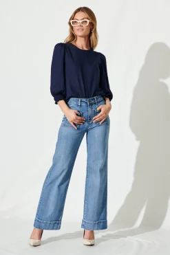 Best Lanie Top In Navy Cotton Linen Tops|Casual
