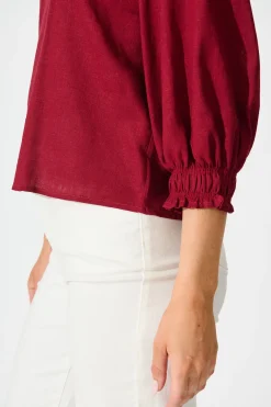 Discount Lanie Top in Wine Cotton Linen Tops