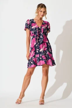 Clearance Lara Dress In Navy with Pink Floral Dresses|Casual