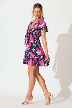 Clearance Lara Dress In Navy with Pink Floral Dresses|Casual