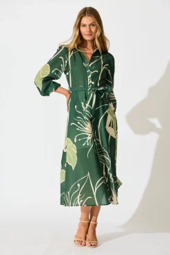 Sale Larson Midi Shirt Dress in Green with Cream Leaf Linen Blend Dresses|Casual