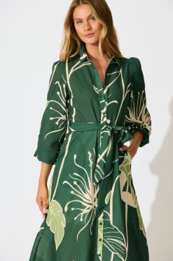 Sale Larson Midi Shirt Dress in Green with Cream Leaf Linen Blend Dresses|Casual