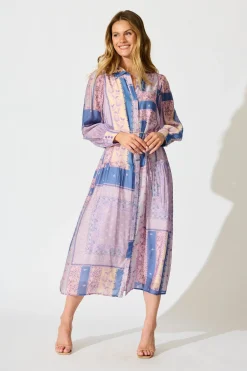 Fashion Layton Maxi Shirt Dress in Lilac and Blue Patchwork Dresses|Party