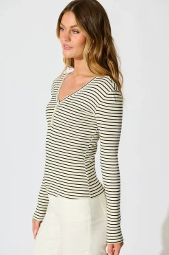 Online Leighton Top in Cream with Black Stripe Cotton Blend Tops|Casual