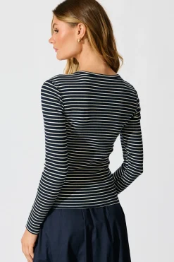 Sale Leighton Top in Navy with Cream Stripe Cotton Blend Tops|Casual