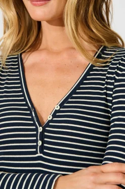 Sale Leighton Top in Navy with Cream Stripe Cotton Blend Tops|Casual