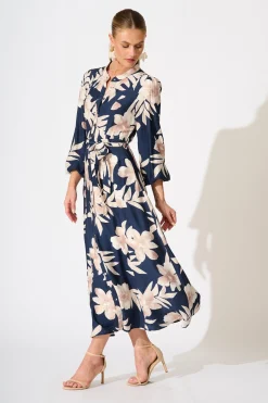 Online Leilani Maxi Dress in Navy with Cream Floral Dresses|Casual