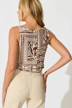 Sale Leona Top in Chocolate and Cream Tile Print Tops|Casual