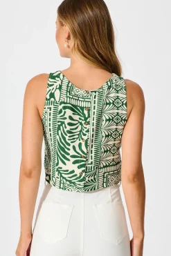 Discount Leona Top in Green and Cream Tile Print Tops|Casual