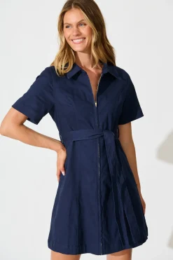 Sale Lexie Zip Dress in Navy Cotton Dresses|Casual