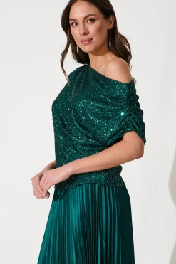 Online Liana Off Shoulder Top In Emerald Sequin Tops|Party & Occasion