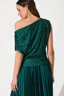 Online Liana Off Shoulder Top In Emerald Sequin Tops|Party & Occasion
