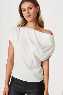 Online Liana Off Shoulder Top In White Satin Tops