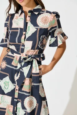 Online Libby Midi Shirt Dress in Navy with Multi Postcard Print Cotton Dresses|Casual