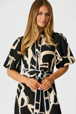 Clearance Libra Midi Shirt Dress in Black with Cream Swirl Print Linen Blend Dresses|Casual