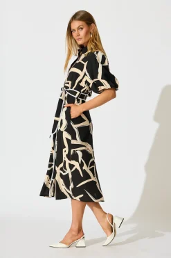 Clearance Libra Midi Shirt Dress in Black with Cream Swirl Print Linen Blend Dresses|Casual