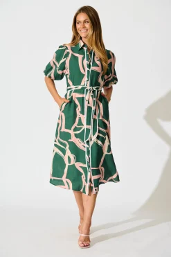 Outlet Libra Midi Shirt Dress in Green with Pink Swirl Print Linen Blend Dresses|Casual