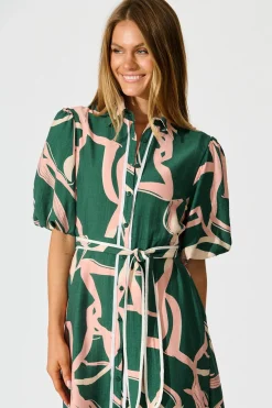 Outlet Libra Midi Shirt Dress in Green with Pink Swirl Print Linen Blend Dresses|Casual