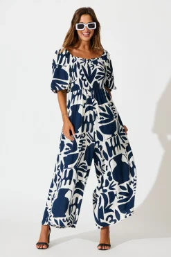 Fashion Limelight Jumpsuit in Navy with White Print Playsuits & Jumpsuits|Jumpsuits & Playsuits