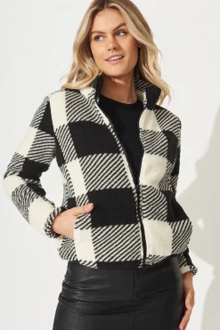 New Linea Fluffy Jacket In Black With Beige Check Outerwear|Outerwear